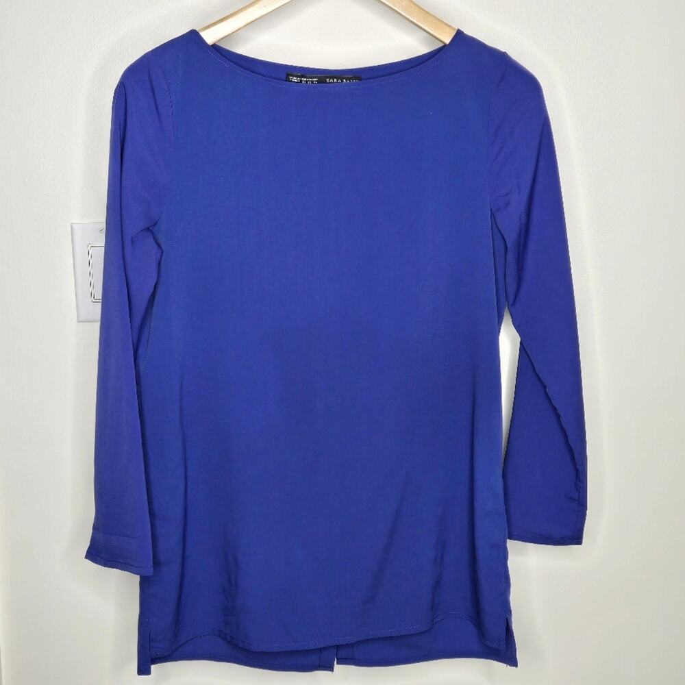 ZARA Indigo Blue 3/4 Sleeve Boatneck Back Button Closure Tunic Size XS